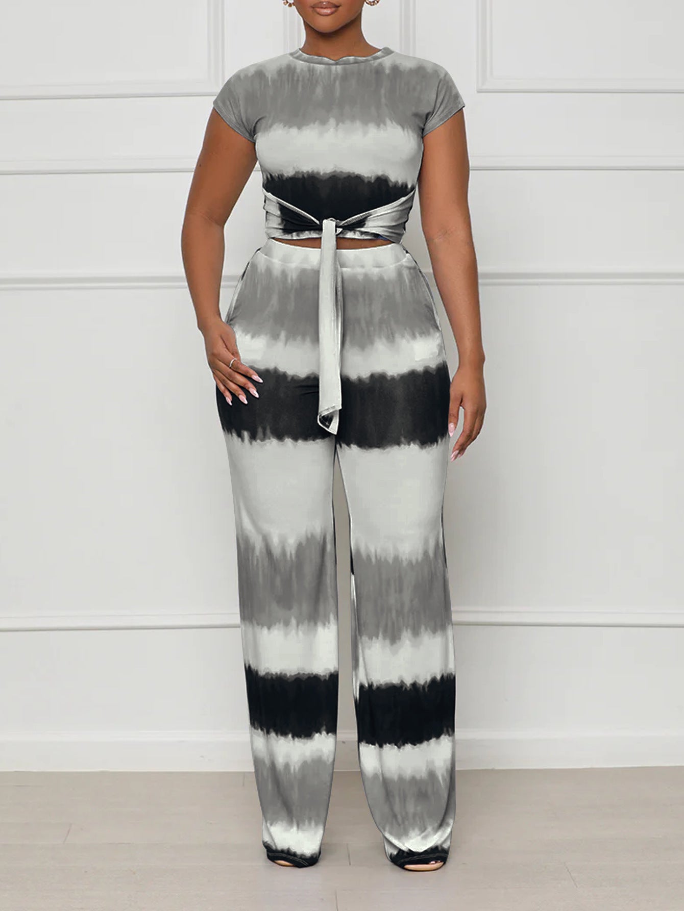 Women's Fashion Tie Waist Open Waist Top Sexy Straight Pants Gradient Color Outfit Set 3