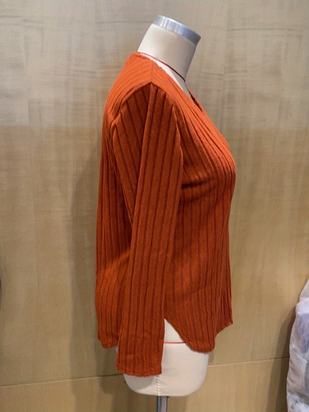 Women's Autumn Winter Solid Color Ribbed V-Neck Plus Size Pullover Top 27