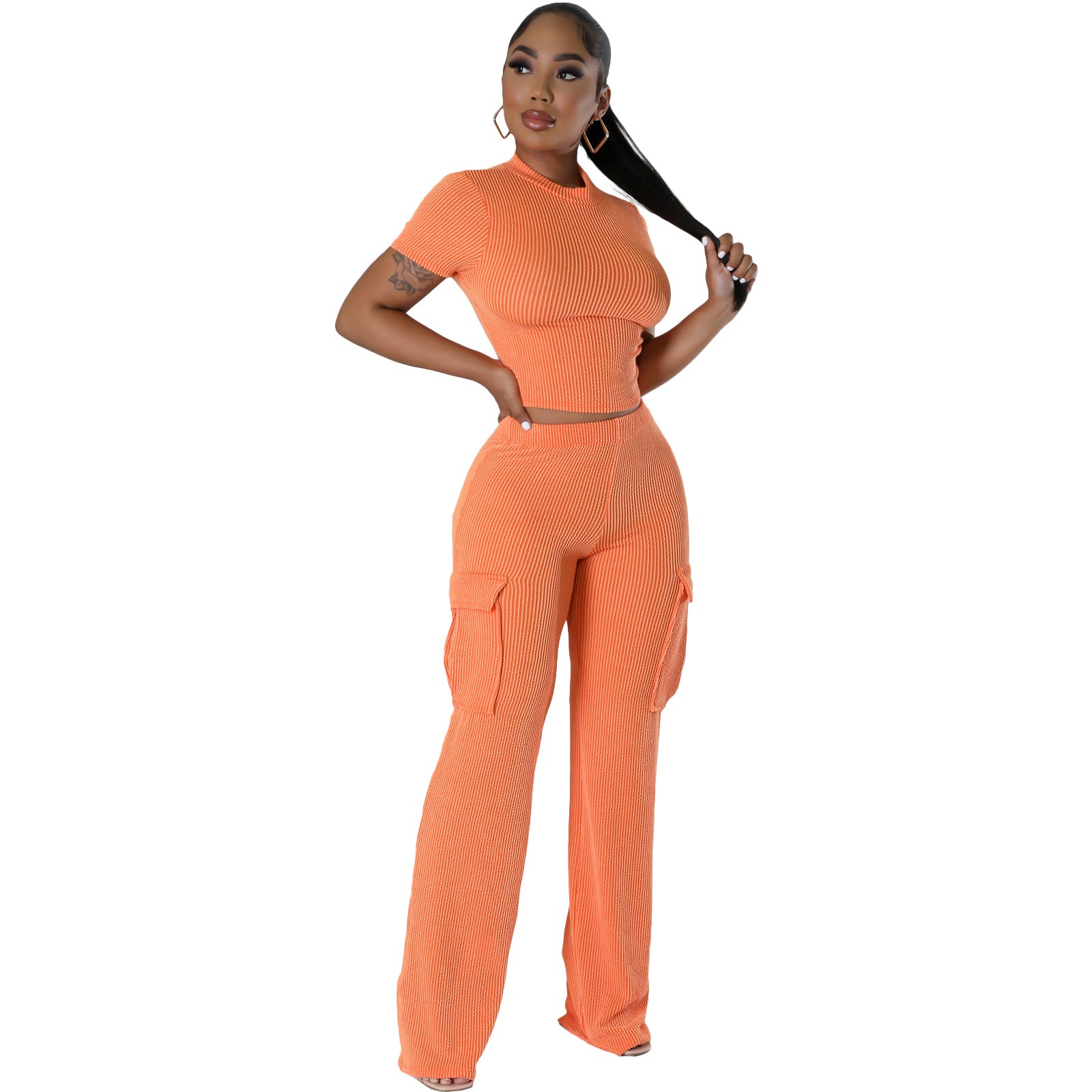 Women Solid short-sleeved top and wide-leg pants two-piece set