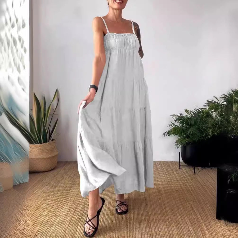 Spring Summer Women's Solid Color Casual Strap Loose Dress 3