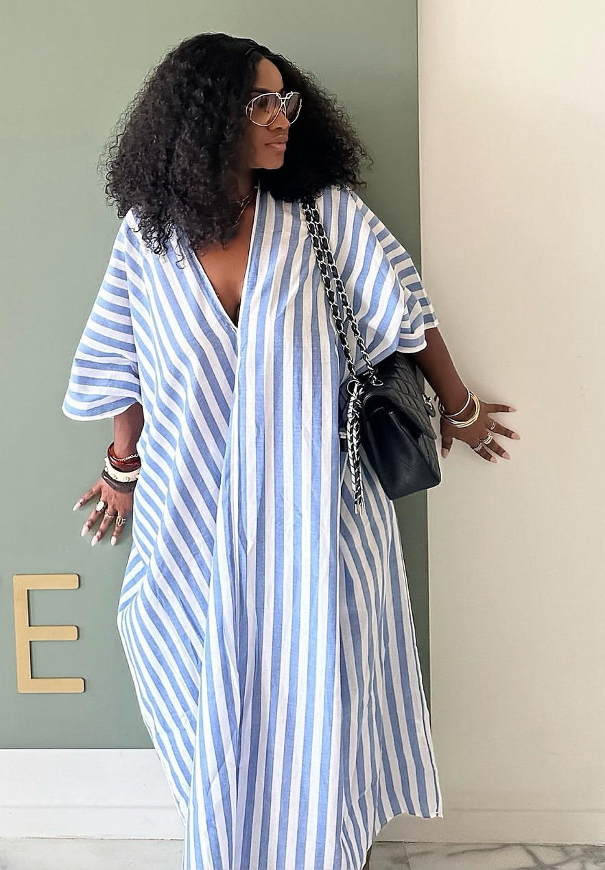Plus-size African Women V-neck striped maxi dress