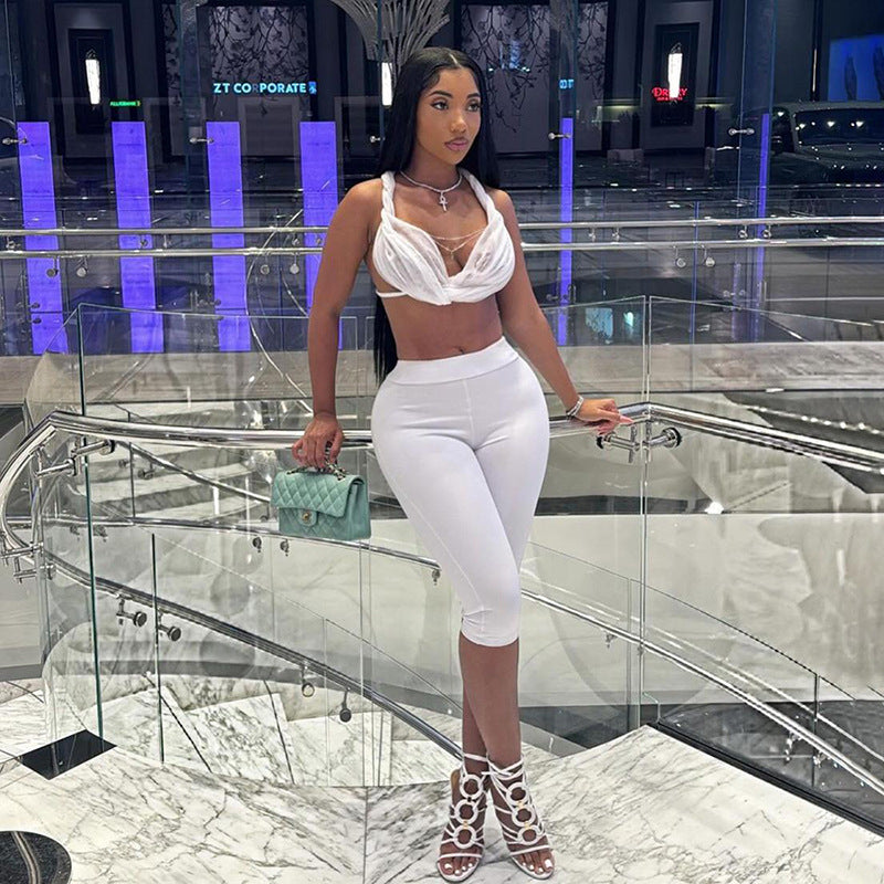 Women Halter Neck Backless Lace Tank Top and Solid Cropped Pants two-piece set