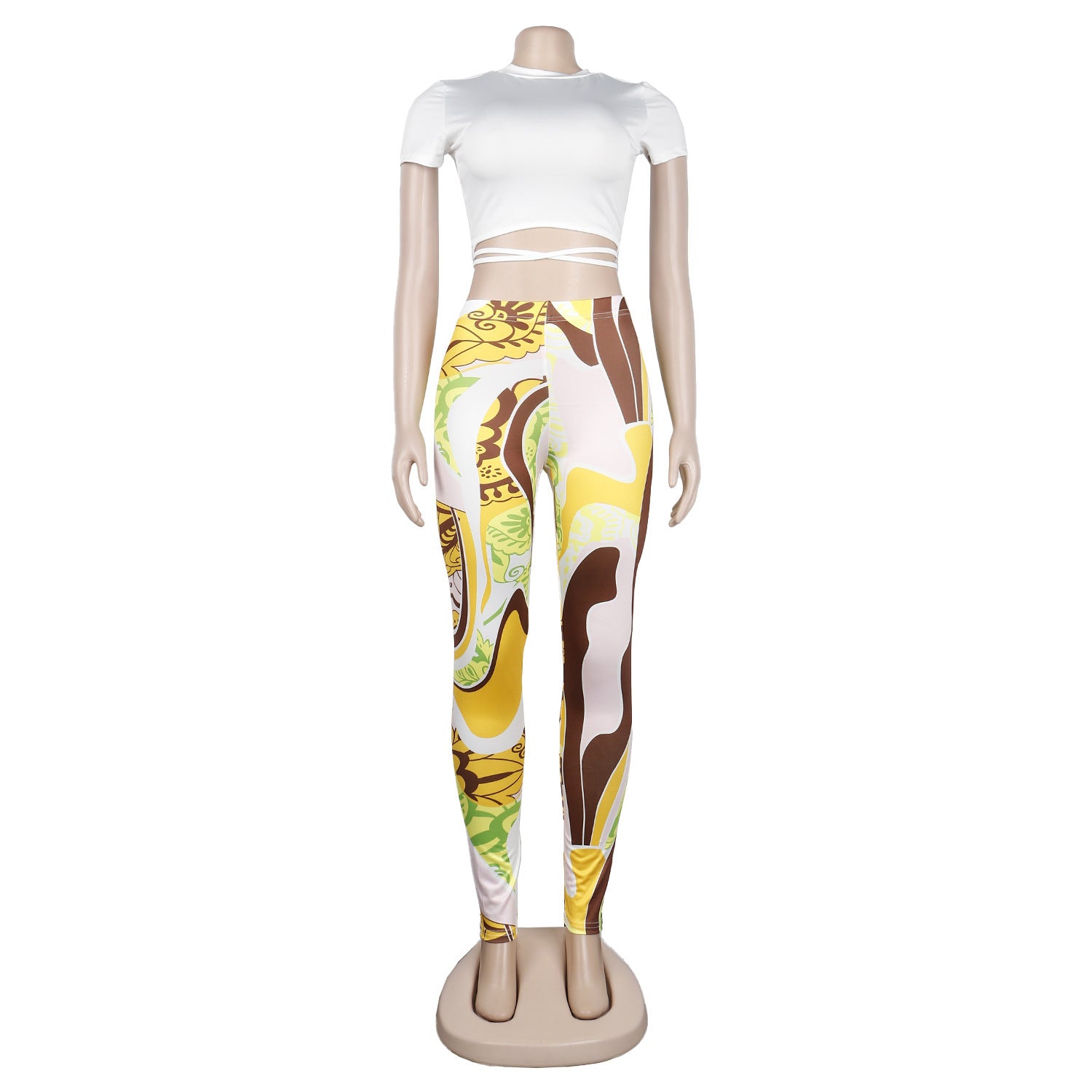 Women Sexy Short Sleeve Top+ Printed Trousers Two-piece Set 9