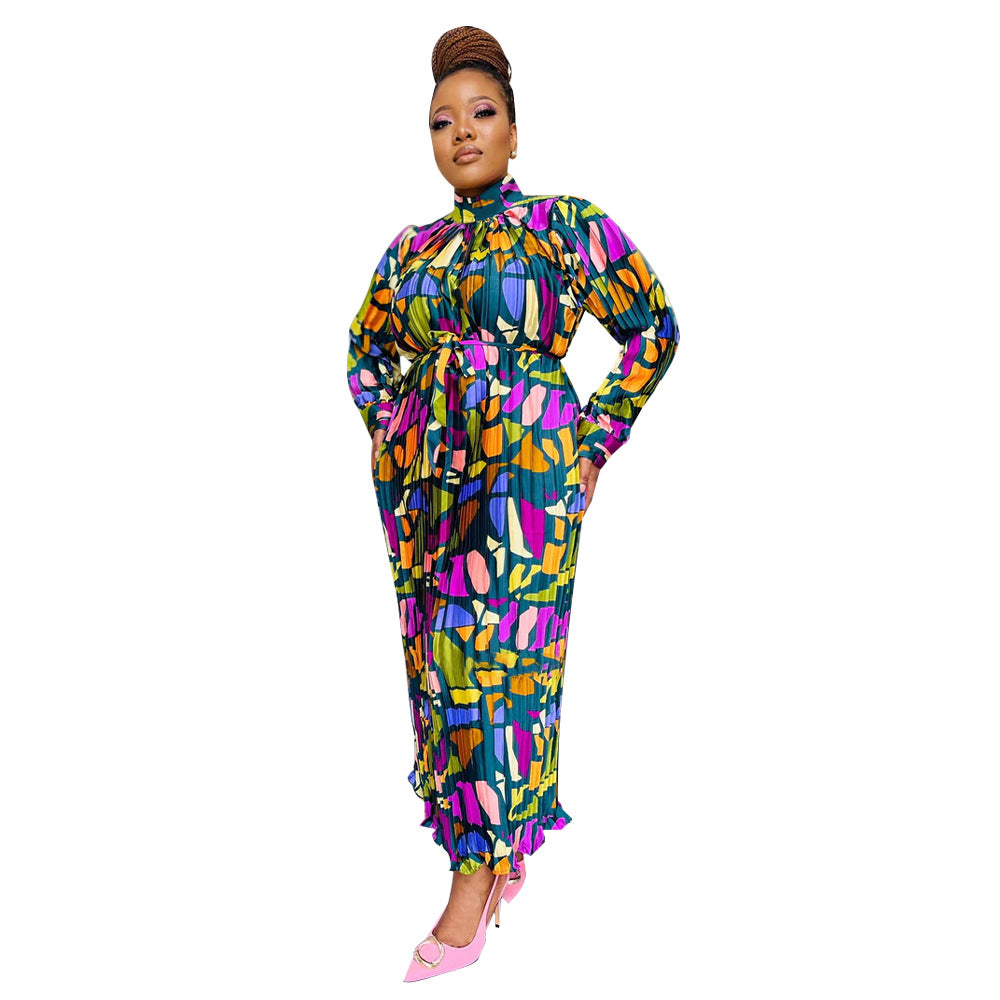 Women Autumn Printed Long Sleeve Pleated Dress 7