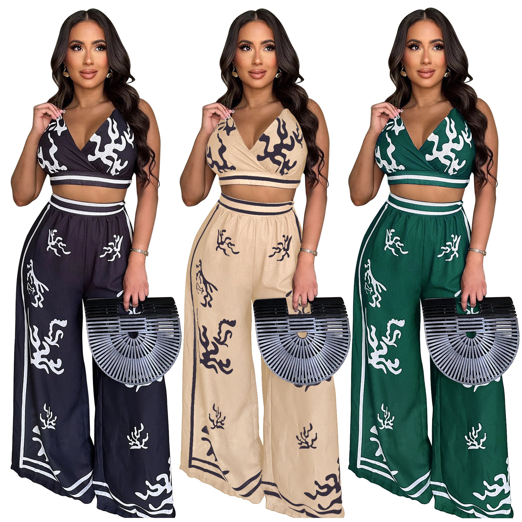 Summer Sexy Print Halter V Neck Vest Wide Leg Pants Two Piece Set 5