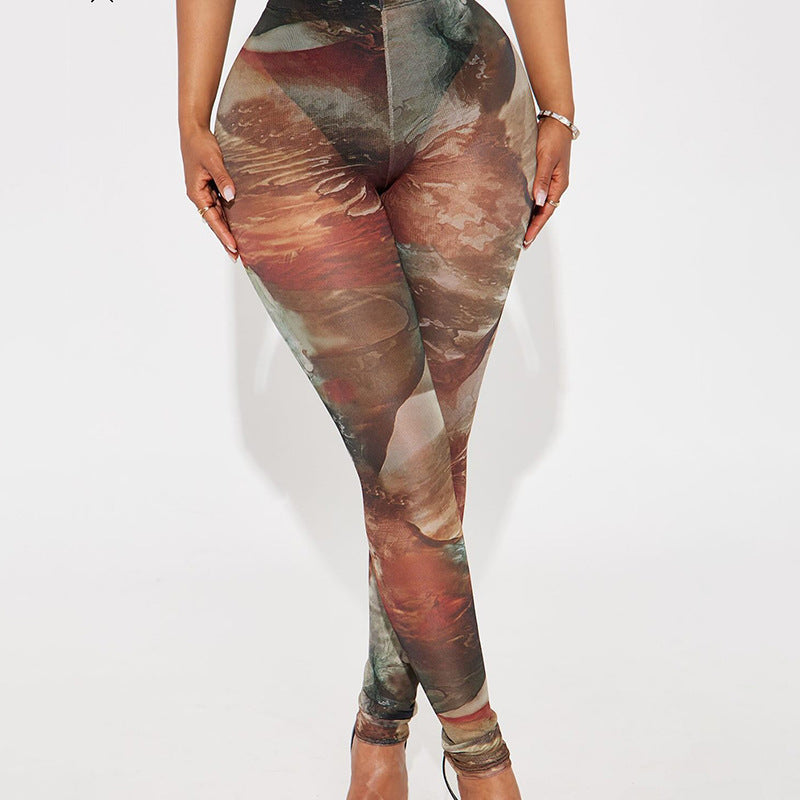 Women Spring and Summer Mesh Print See-Through Tight Pants 12