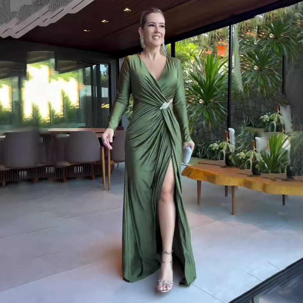 Summer V-Neck Solid Color Long-Sleeved Slim Women's Long Dress 3