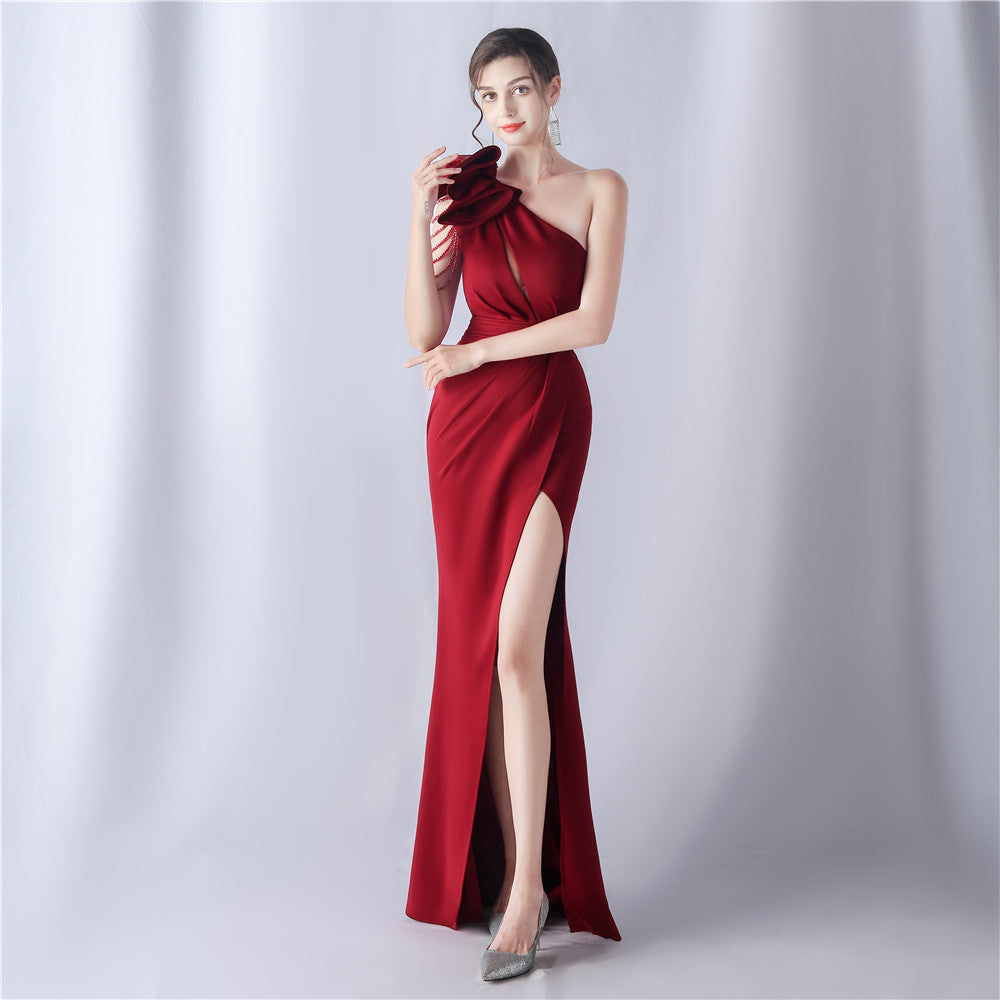 Flowers Rhinestone Tassels One Shoulder Evening Dress 6