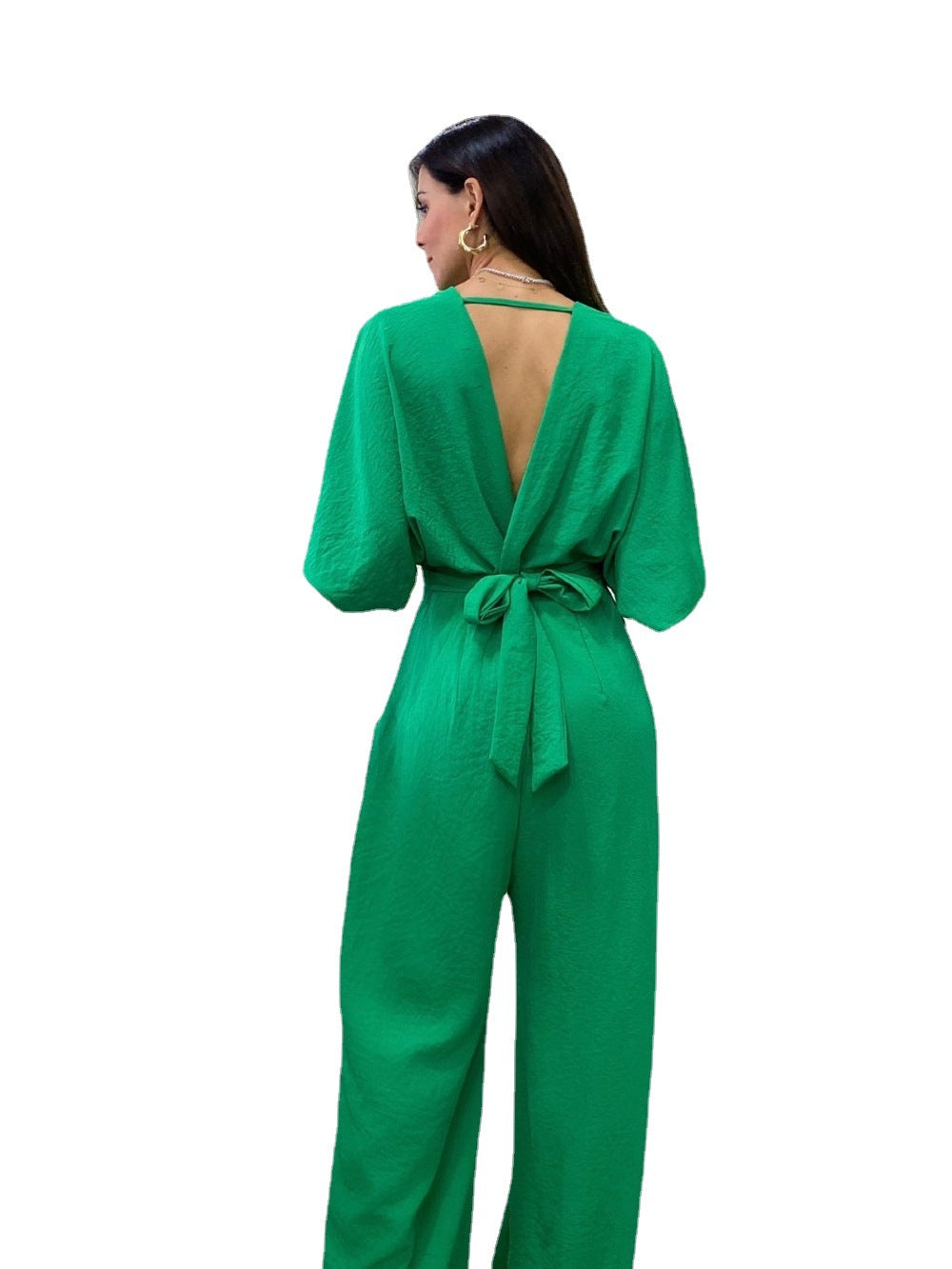 Summer V-Neck Bat Sleeves Short Sleeve Low Back Chic Women Jumpsuit 6