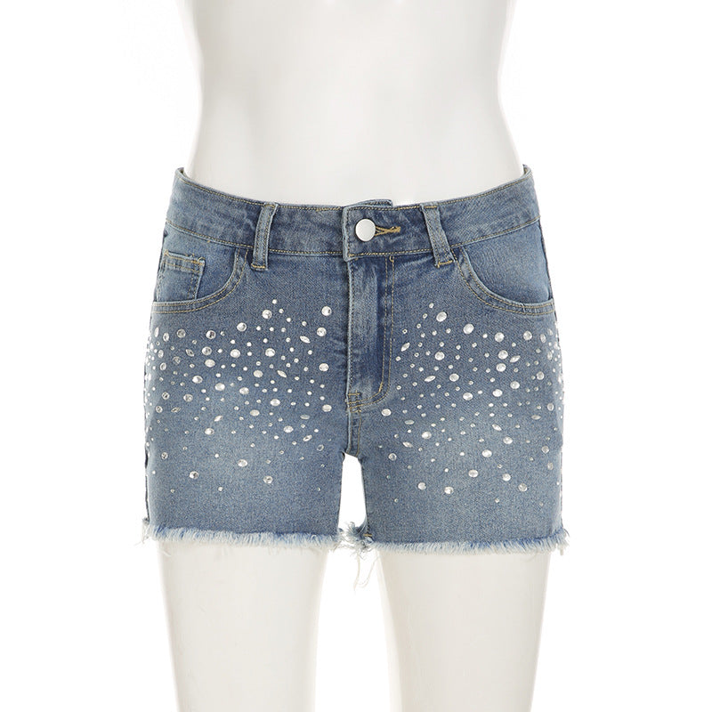Women Style Beaded Street Raw Edge Washed Denim Shorts 6