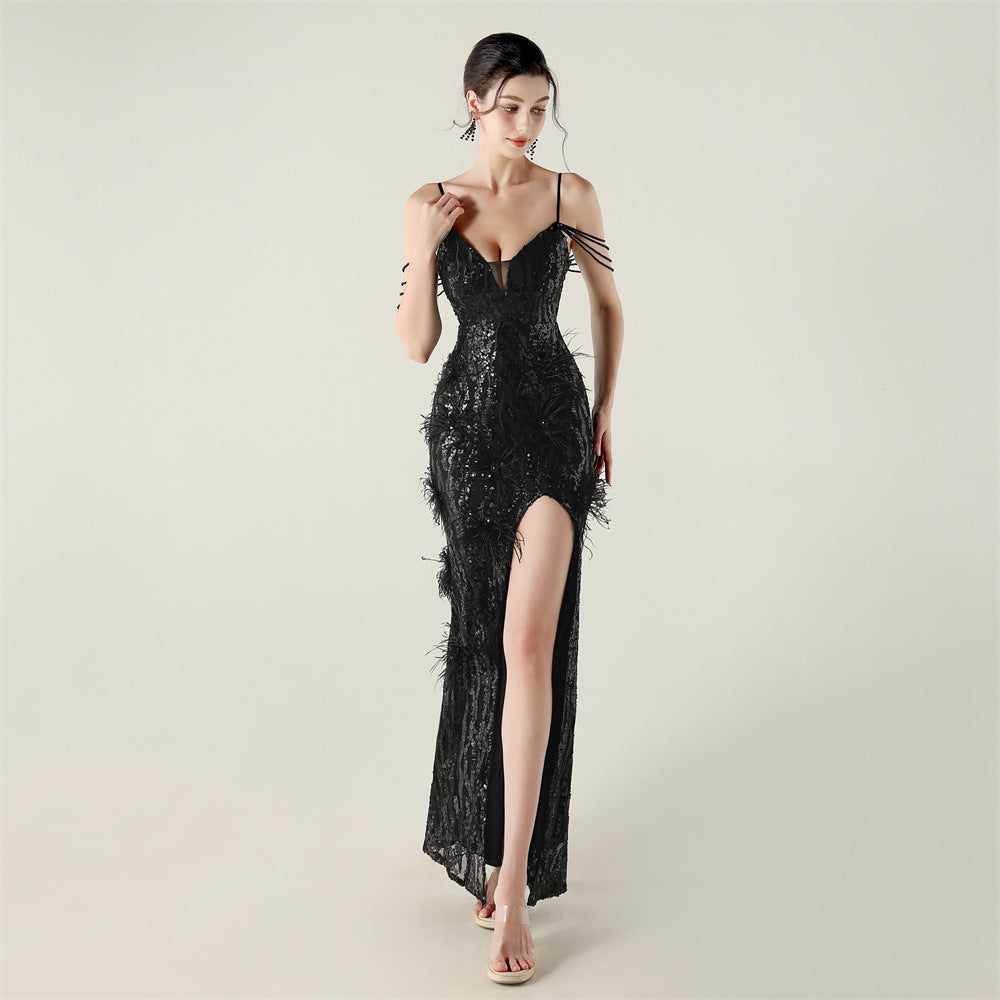 Plus Size Women clothing feather embroidery sequins beaded diamond chain sling V Neck fishtail evening dress 18