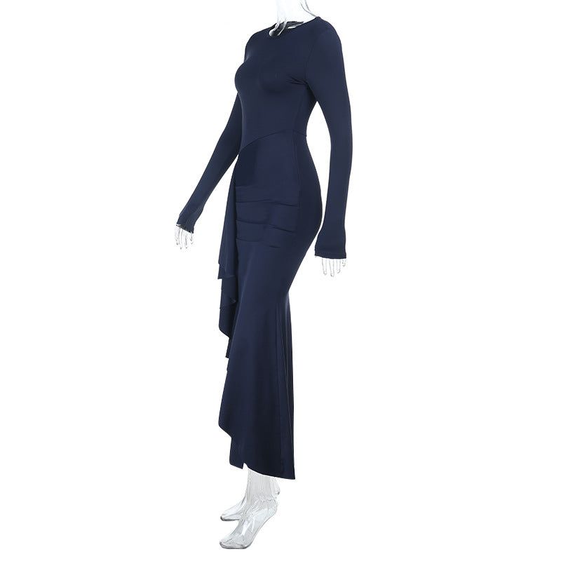 Long-Sleeve Thin Strap Slim Dress with Flounce for Fall and Winter 9