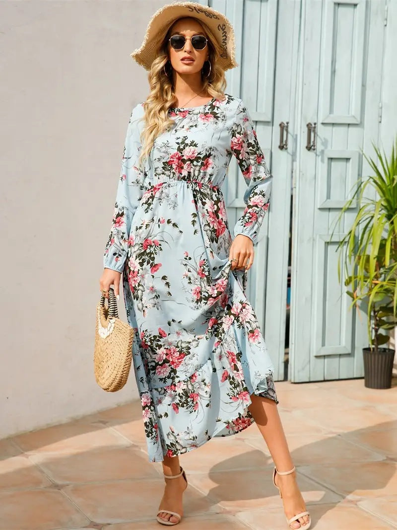 Women Long Sleeve Printed Round Neck Floral Dress 4