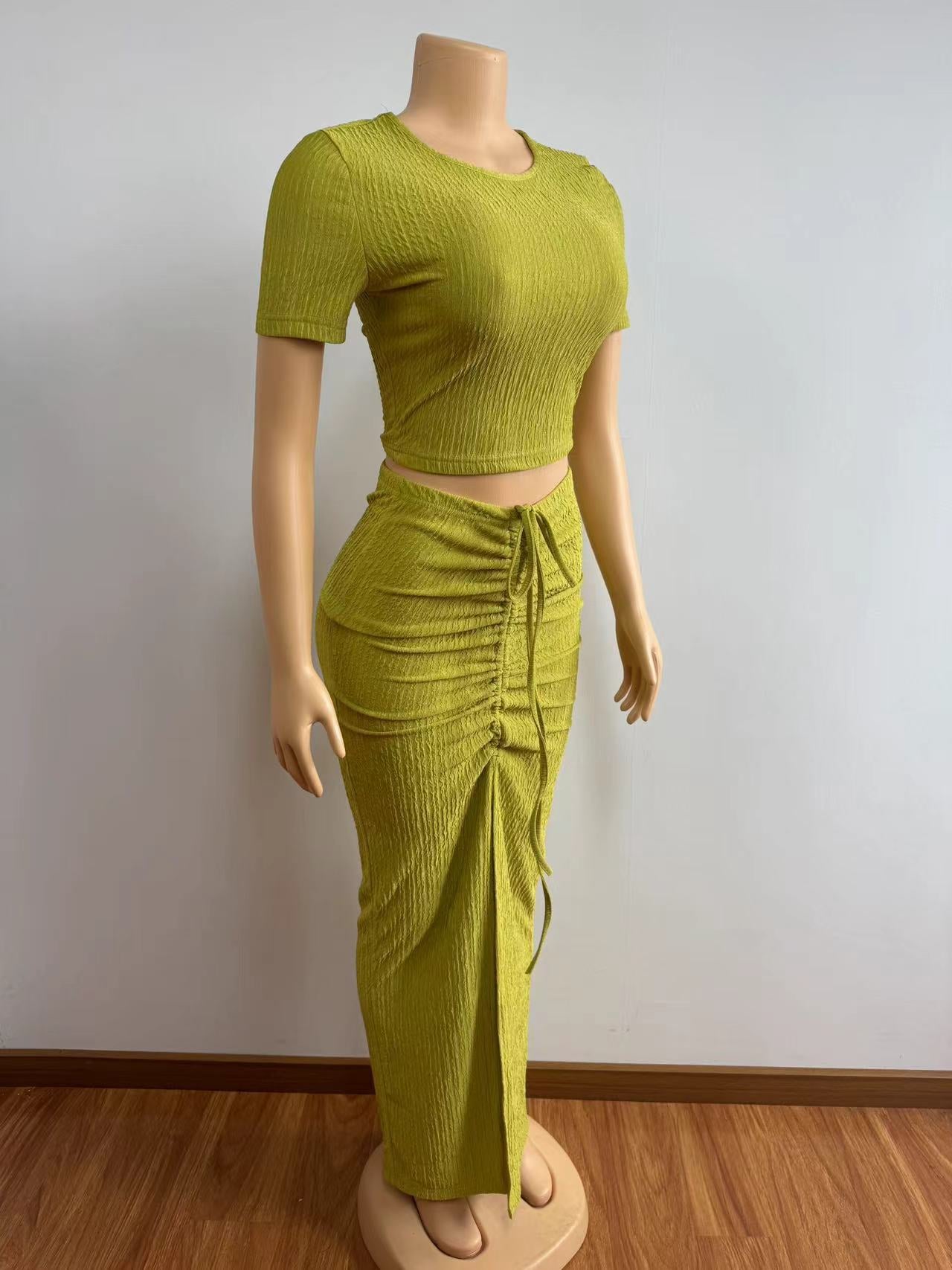 Women sexy pleated short-sleeved top and Drawstring Pleated Skirt Two-piece Set 12