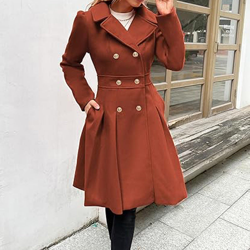 Women Fall and Winter Turndown Collar Double-Breasted Pocket Windbreaker 82