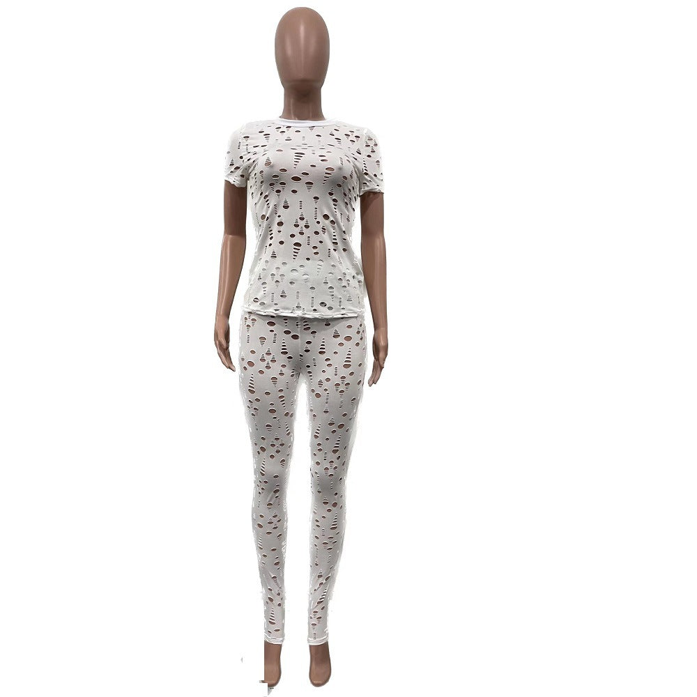 Women Stretch Ripped Round Neck Solid Top and Pant Two-Piece Set 14