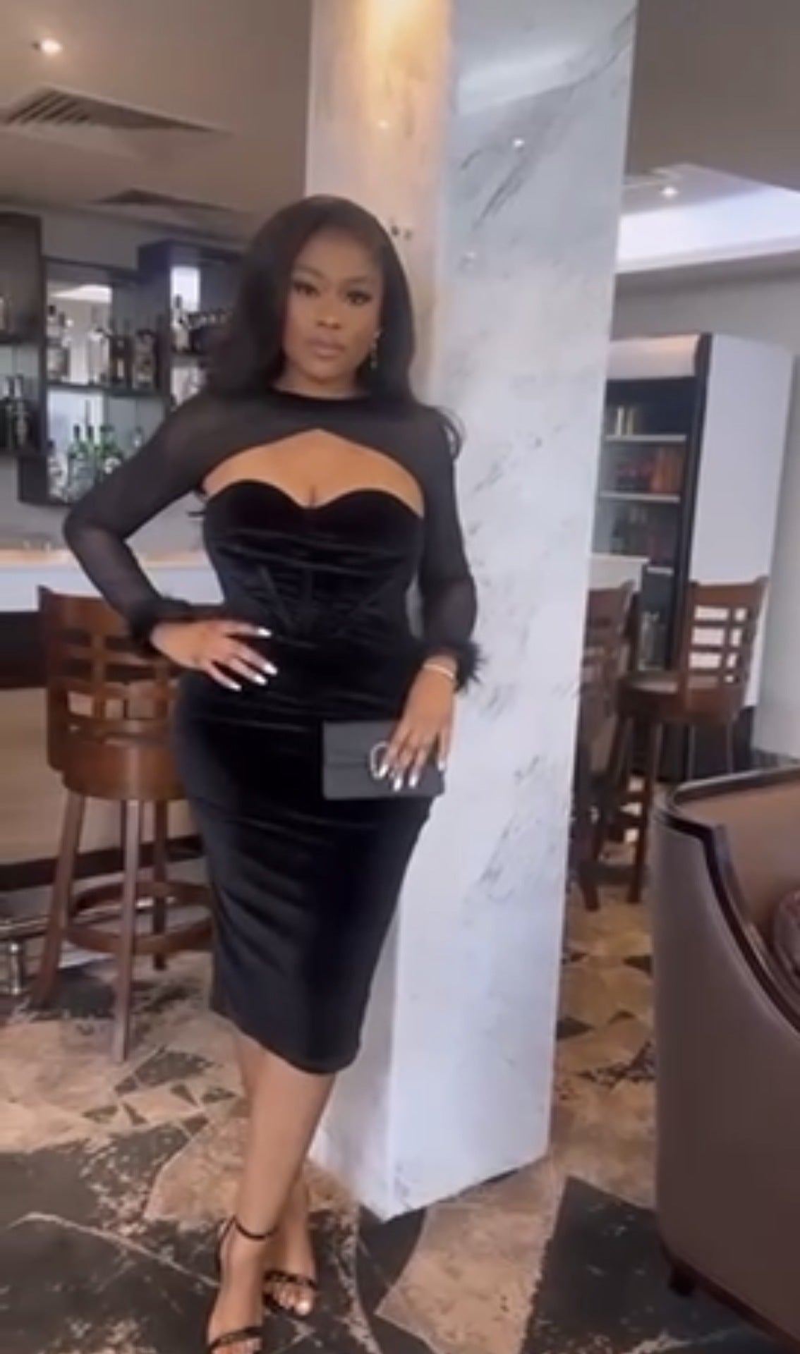 Low-Cut Sexy strapless Low-Back Bodycon Dress Feather Patchwork Long-Sleeve Top Two Piece Set