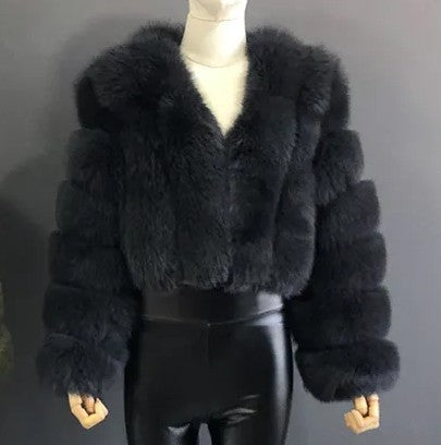 Women Winter Warm Patchwork Crop Long Sleeve Faux Fur Jacket 3