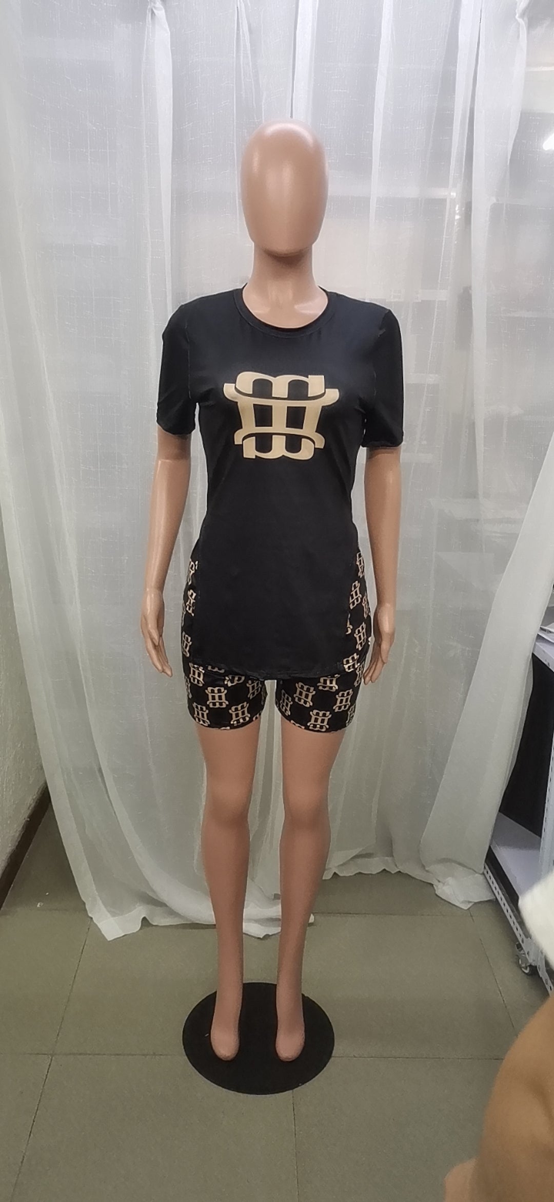 Women Letter Print Slit Short Sleeve Top + Shorts Two-Piece Set 35