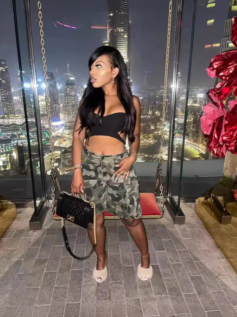 Spring Summer Women's Pocket Camouflage Cargo 5-Point Pants 3