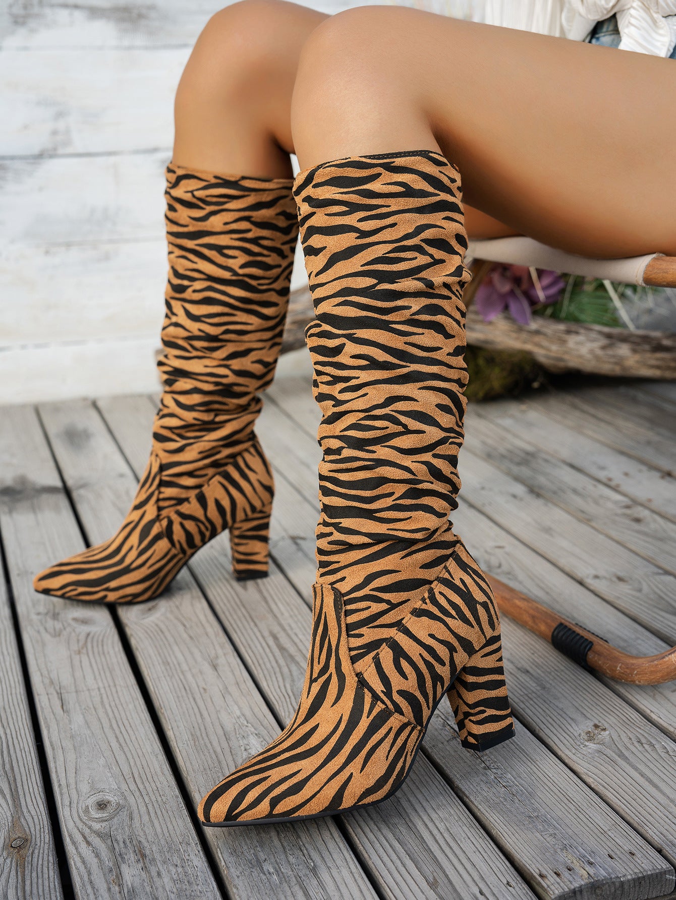 Zebra Print Block Heel Knee High Boots Plus Size High Heel Trendy Boots 4
