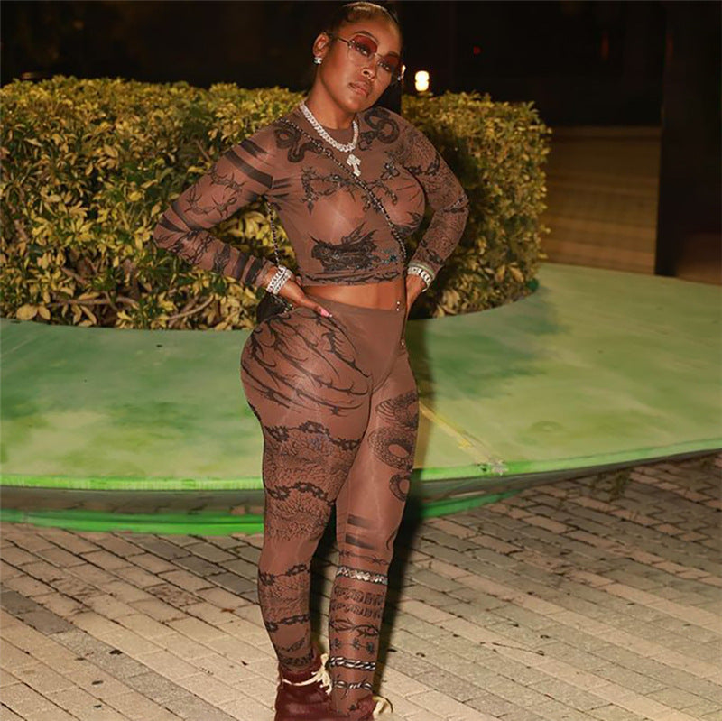 Autumn Women mesh embroidery See-Through Top and trousers two-piece set 8