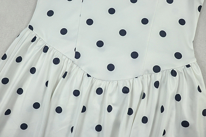 Women Black and White Polka Dot Pleated Halter Neck Sleeveless Dress 13