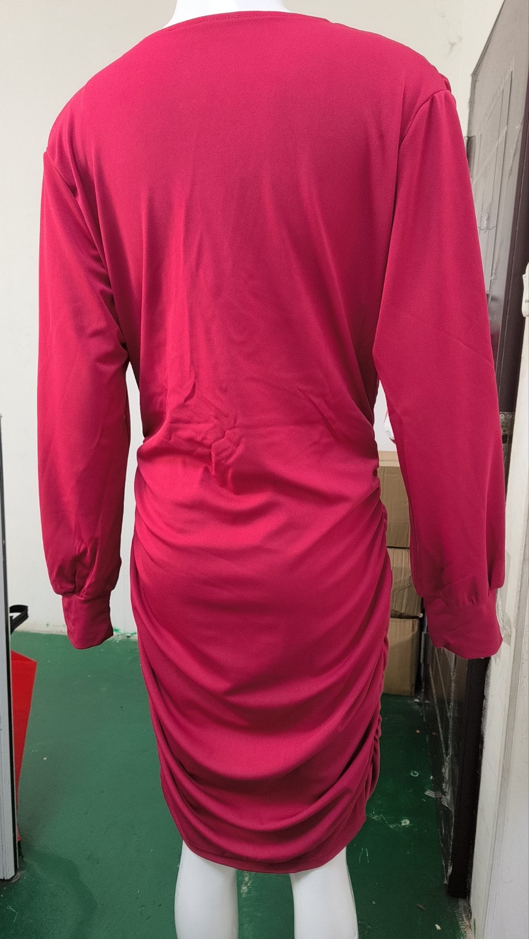 Autumn V-Neck Solid Color Long-Sleeved Mid-Length Bodycon Dress For Women 12