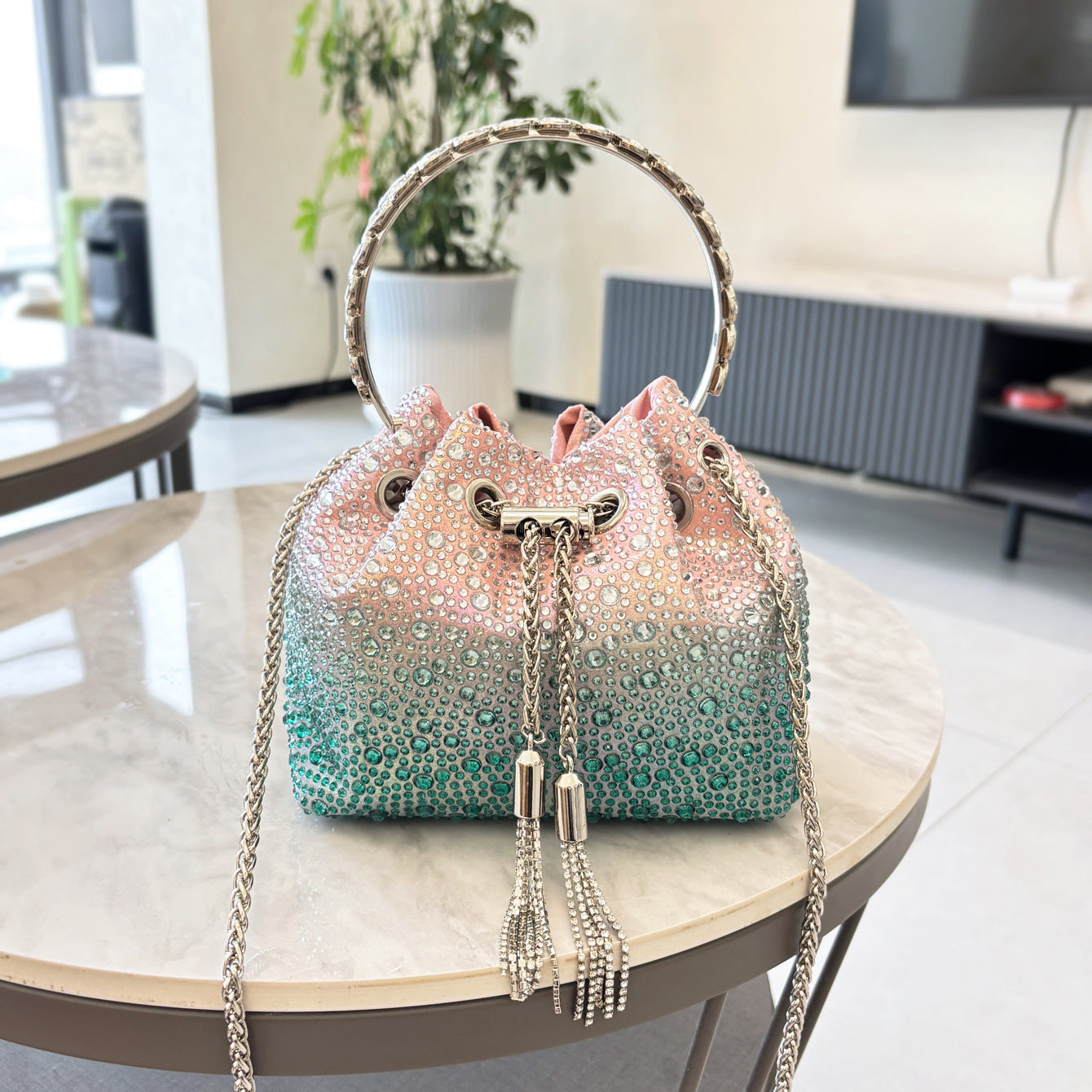 Women Autumn/Winter Bucket Bag Drawstring Beaded Shoulder/Crossbody Handbag 55