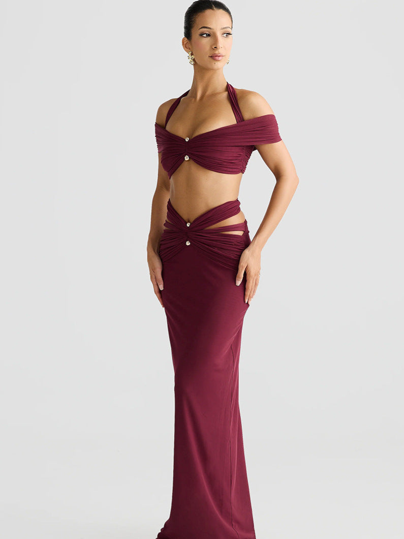 Women's Summer Sexy Halter Neck Off Shoulder Crop Top & Slim Fit Skirt Set