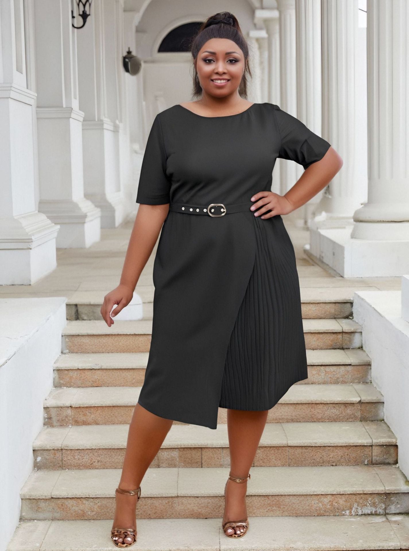 Plus Size Women Casual Patchwork Pleated Elegant Dress 8