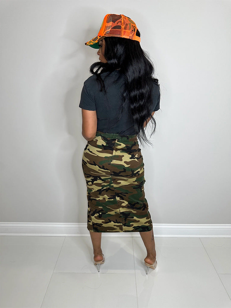 Women's Plus Size Casual Camouflage Casual Side Slit Skirt