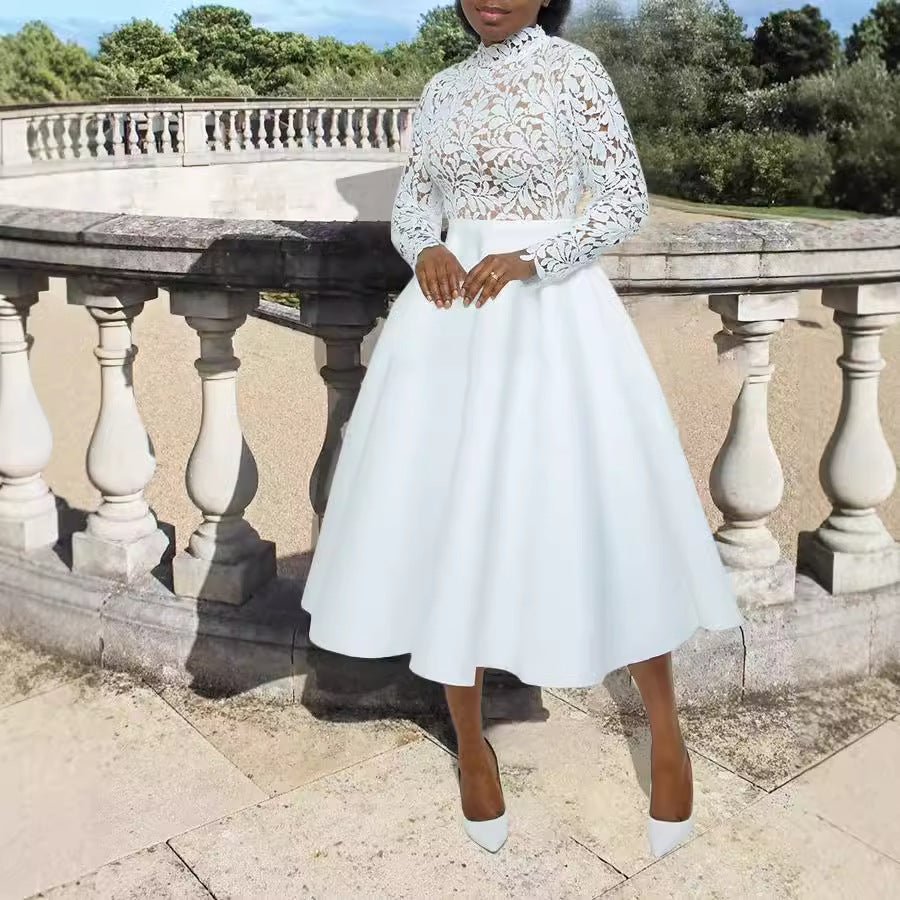 Women's Medium Neck Lace Patchwork A-Line Dress 5