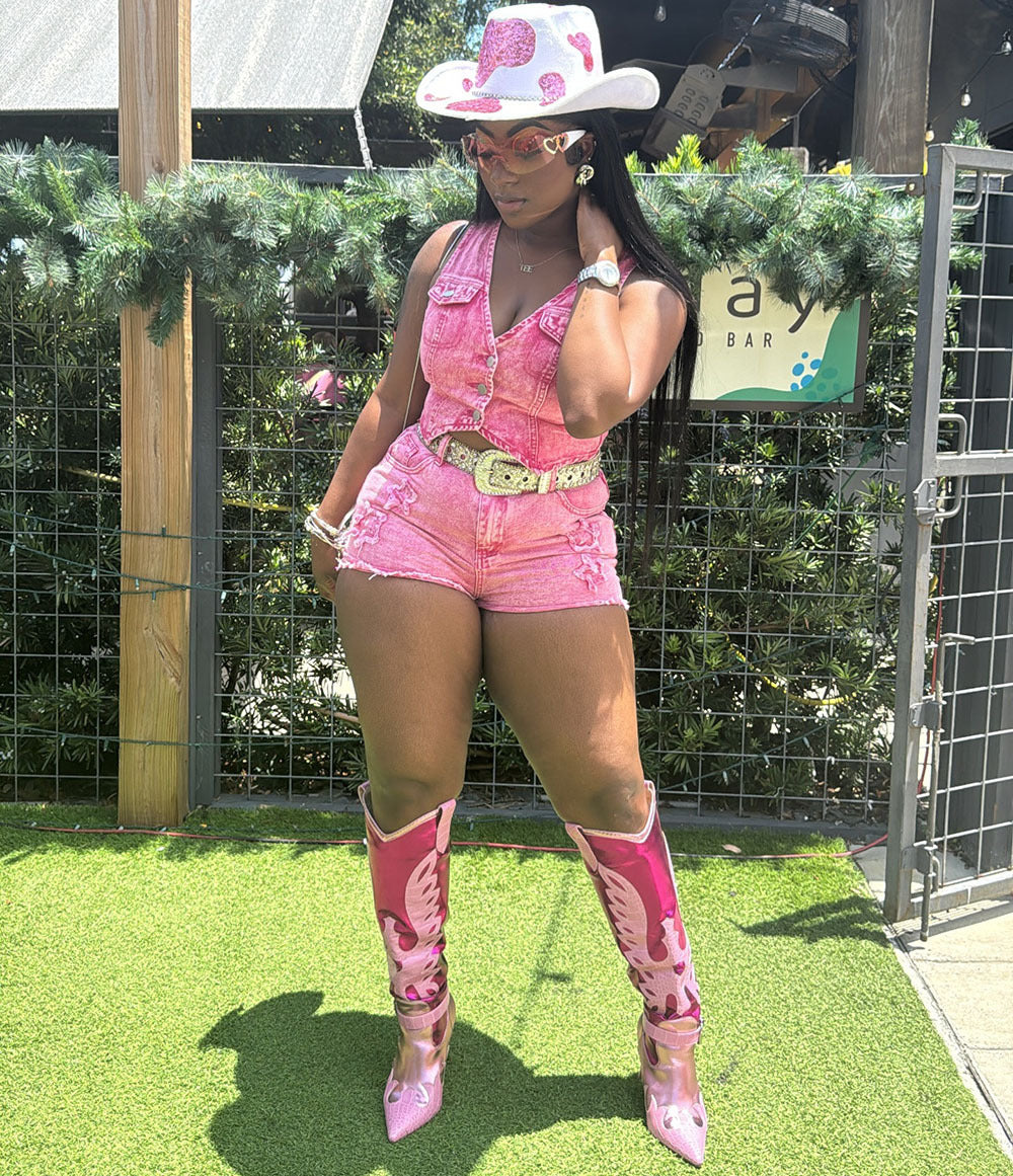 Women sretchy denim sleeveless vest top shorts two-piece set