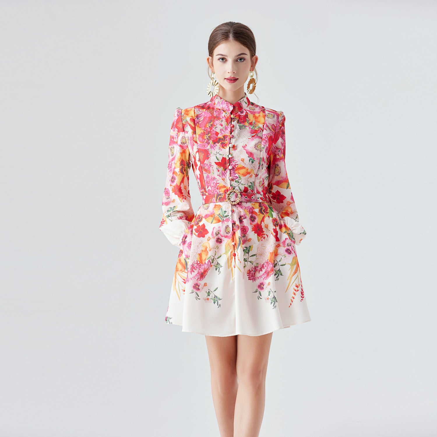 Women's Print Long Sleeve Lantern Sleeve Stand Collar Single-Breasted Short Dress With Belt