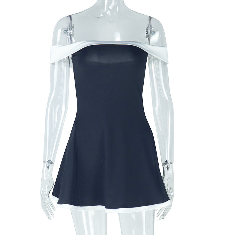 Women Spring/Summer Off-Shoulder Black and White Backless Miniskirt Dress 7