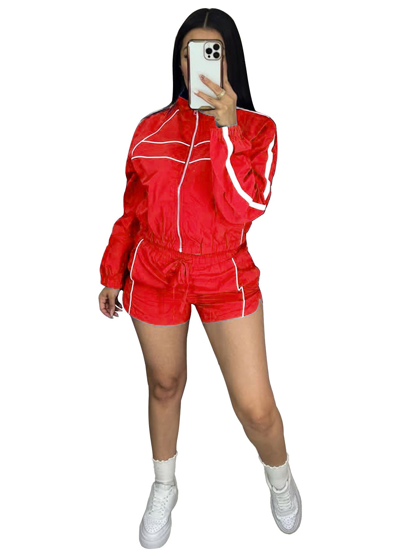 Women sexy long-sleeved zippered contrast webbing top and shorts two-piece set 8