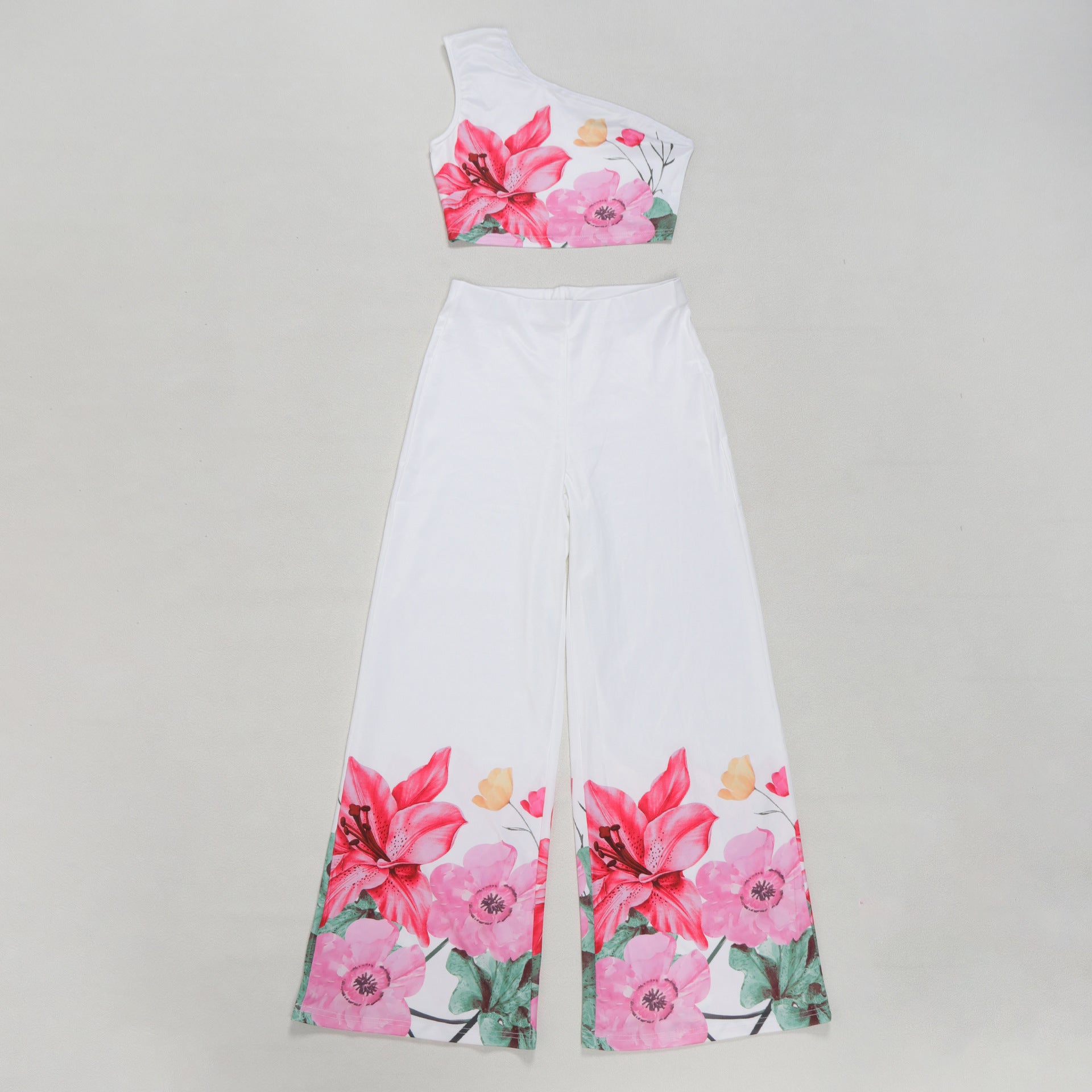 Women Elegant Stretchy Slash Shoulder Top and Wide Leg Pants Two Piece Set 15