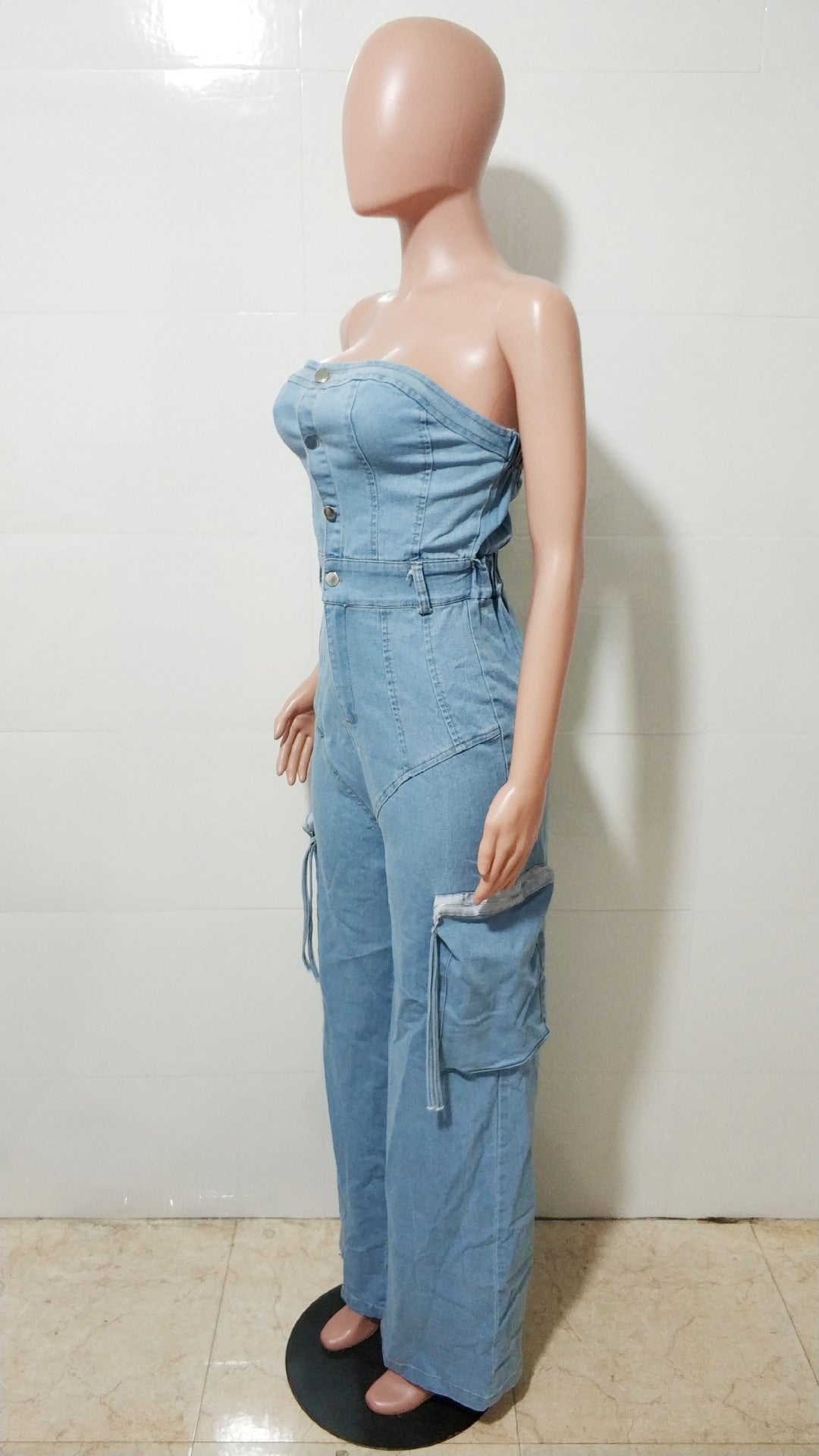 Casual Stylish Strapless Women’s Pockets Cargo Denim Jumpsuit 7