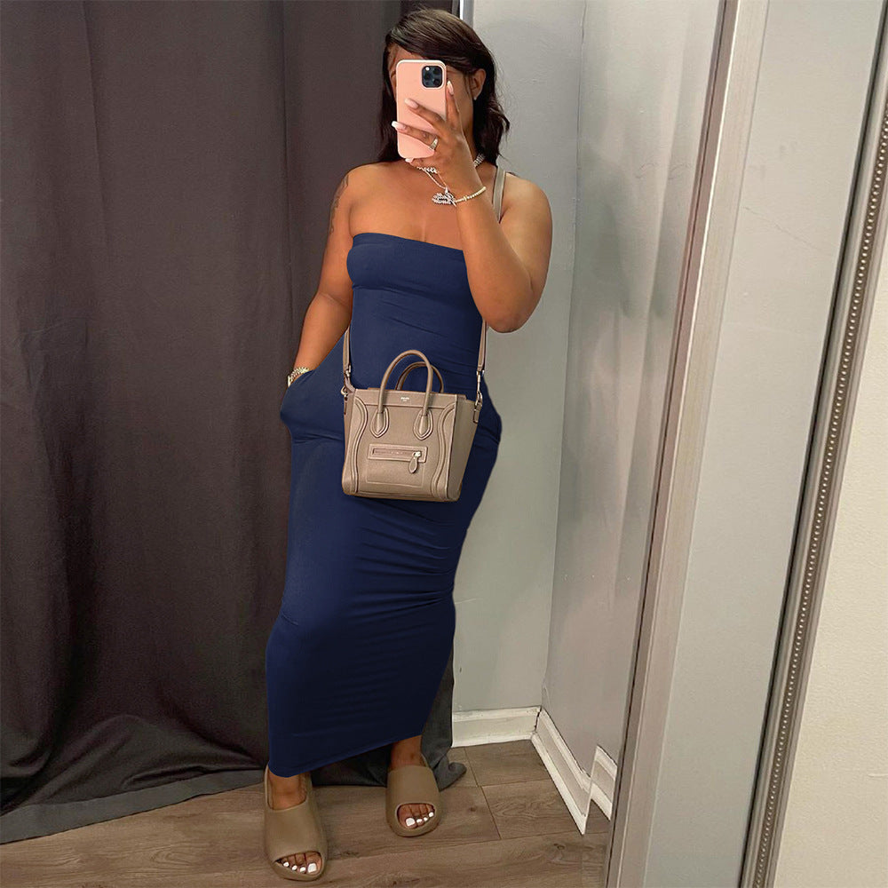 Women's Sexy Solid Color Strapless Dress Fashion Chic Long Dress 6
