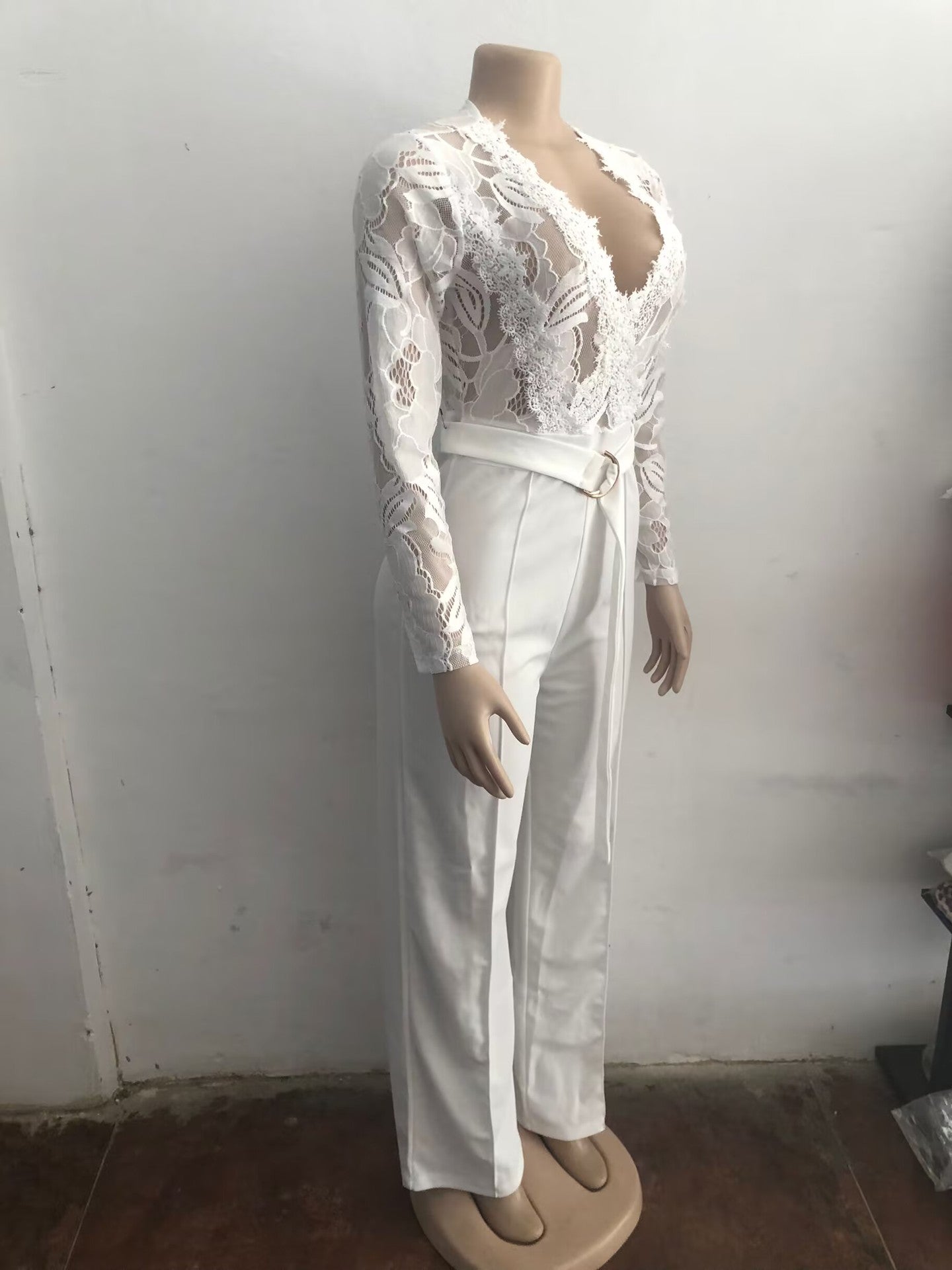 Women Lace Patchwork Long-Sleeved Casual Wide-Leg Jumpsuit 10