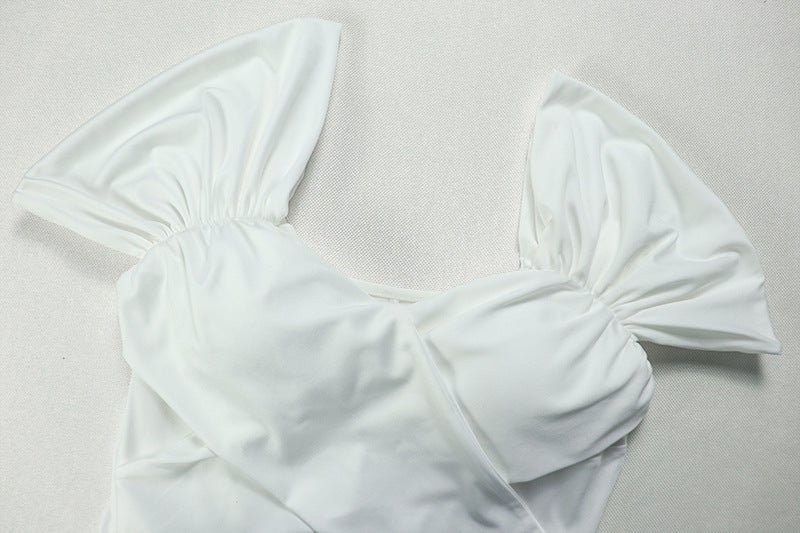 Elegant women's solid color pleated A-line V-neck short-sleeved low back long dress formal party dress 16