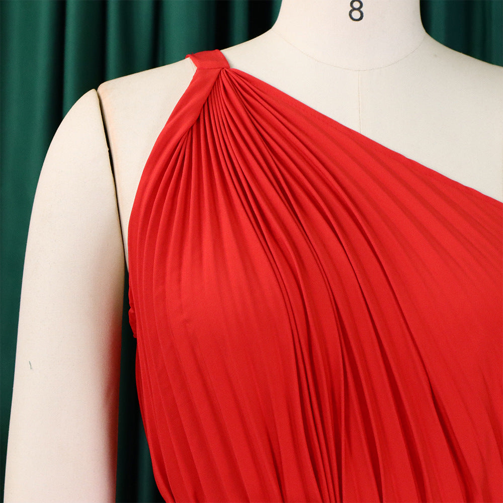 Women Summer Solid Slash Shoulder Lace-Up Loose Pleated Dress 34