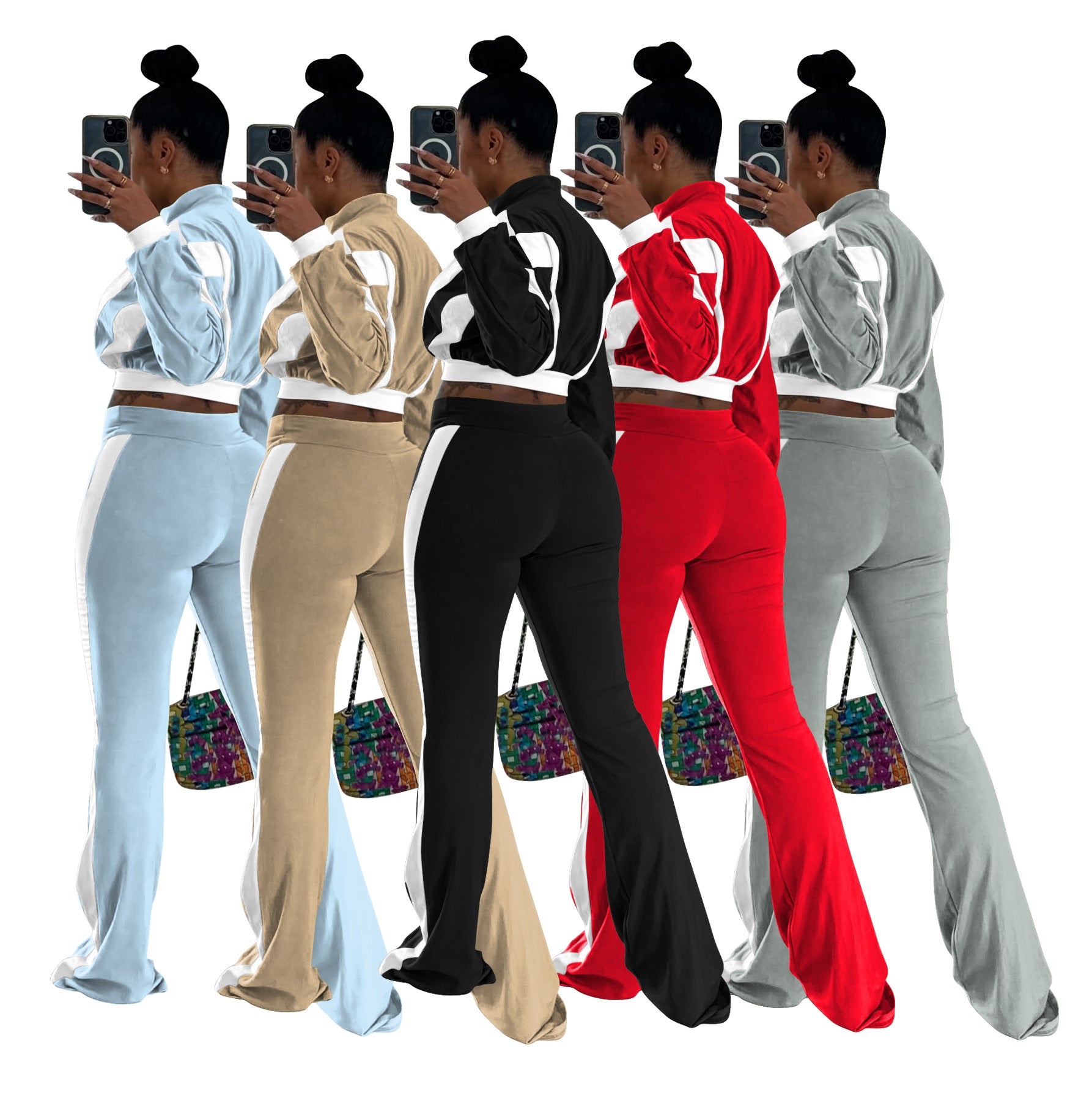 Women's Chic Casual Color-Block Long-Sleeve Zipper Top Slim Fit Bell Bottom Pants Set 25