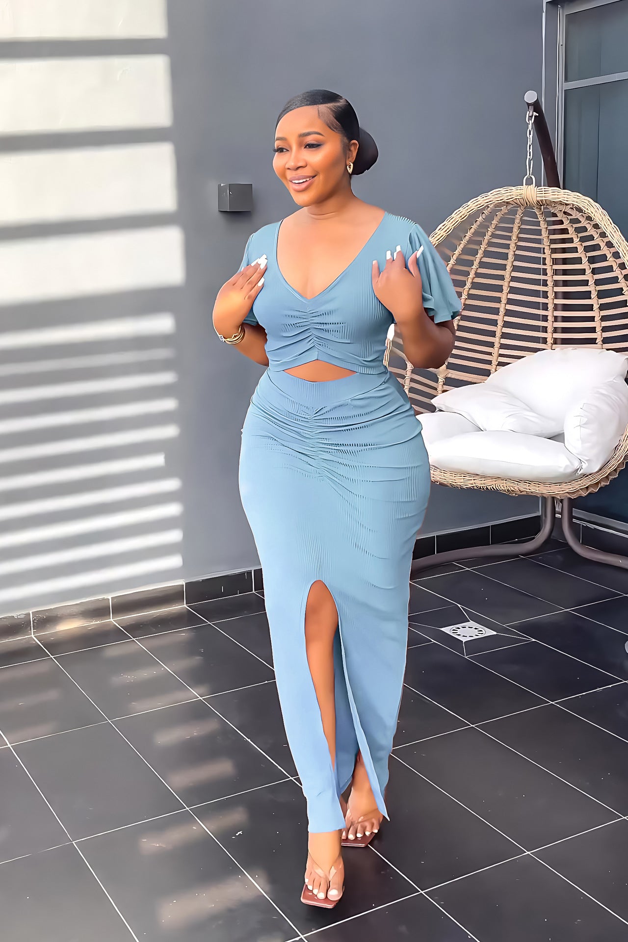 Women Ruffle Sleeve Crop V-Neck Top and Slit Bodycon Skirt Two-Piece Set 3