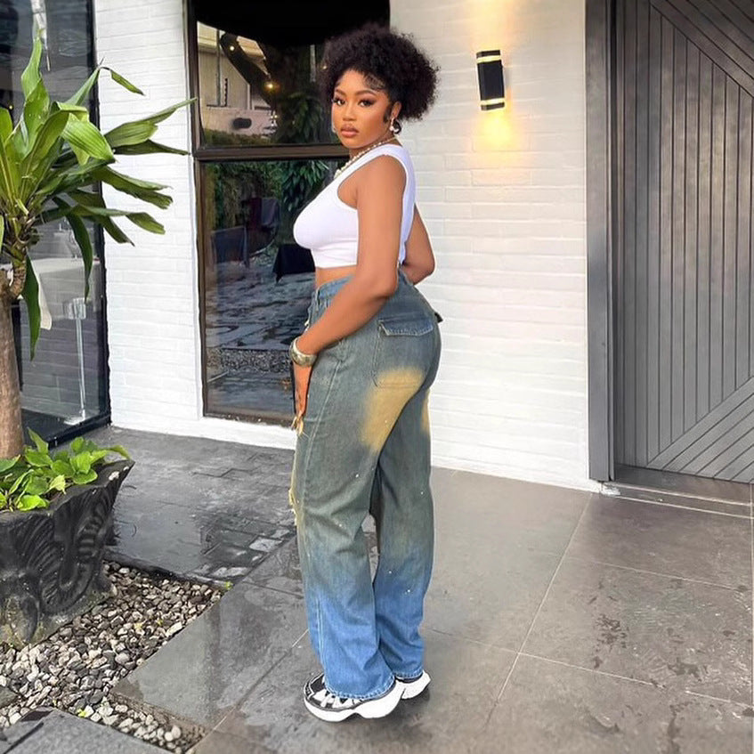 Women's Street Wear Ripped Washed And Distressed Straight Denim Pants 4