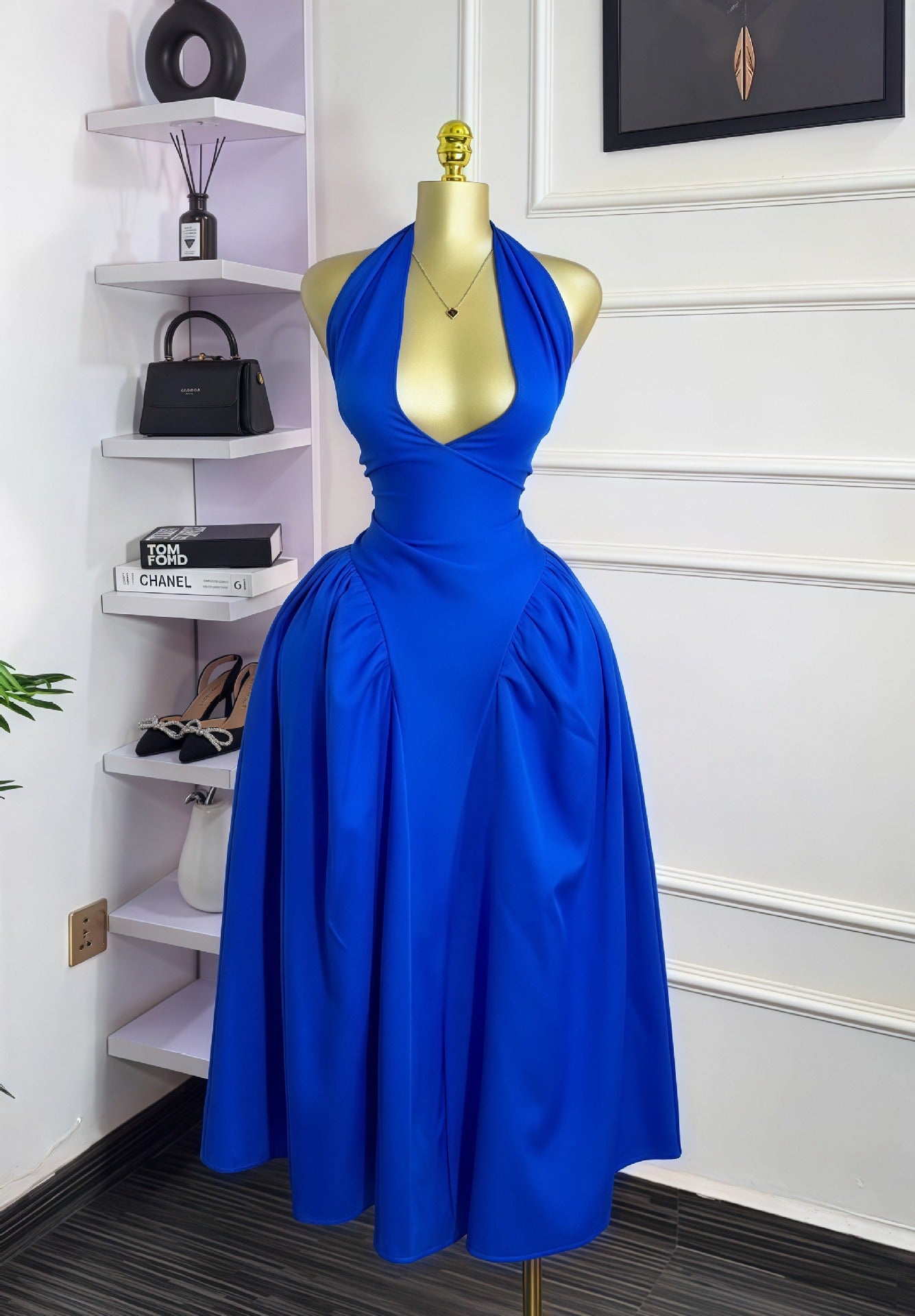 Women Summer Solid Sleeveless Deep V-neck Halter Neck Butterfly Lace-Up Maxi Dress 4