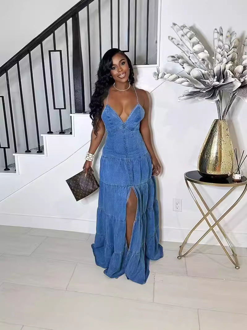 Women's Autumn Sexy V-Neck Strap Low Back Cascading Ruffles Long Dress 4