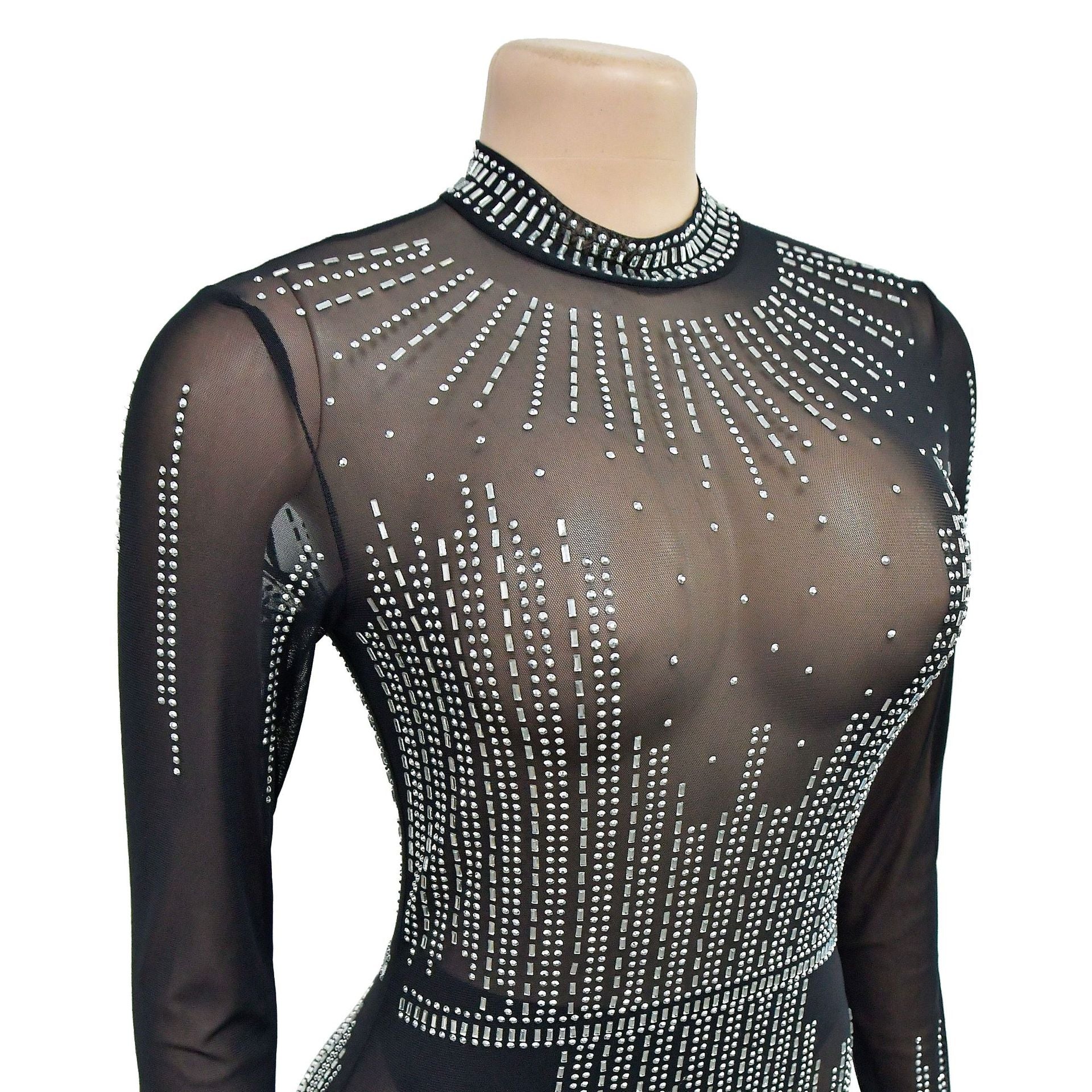 Fashion Women's Solid Color Mesh Beaded Long Sleeve Maxi Dress 13