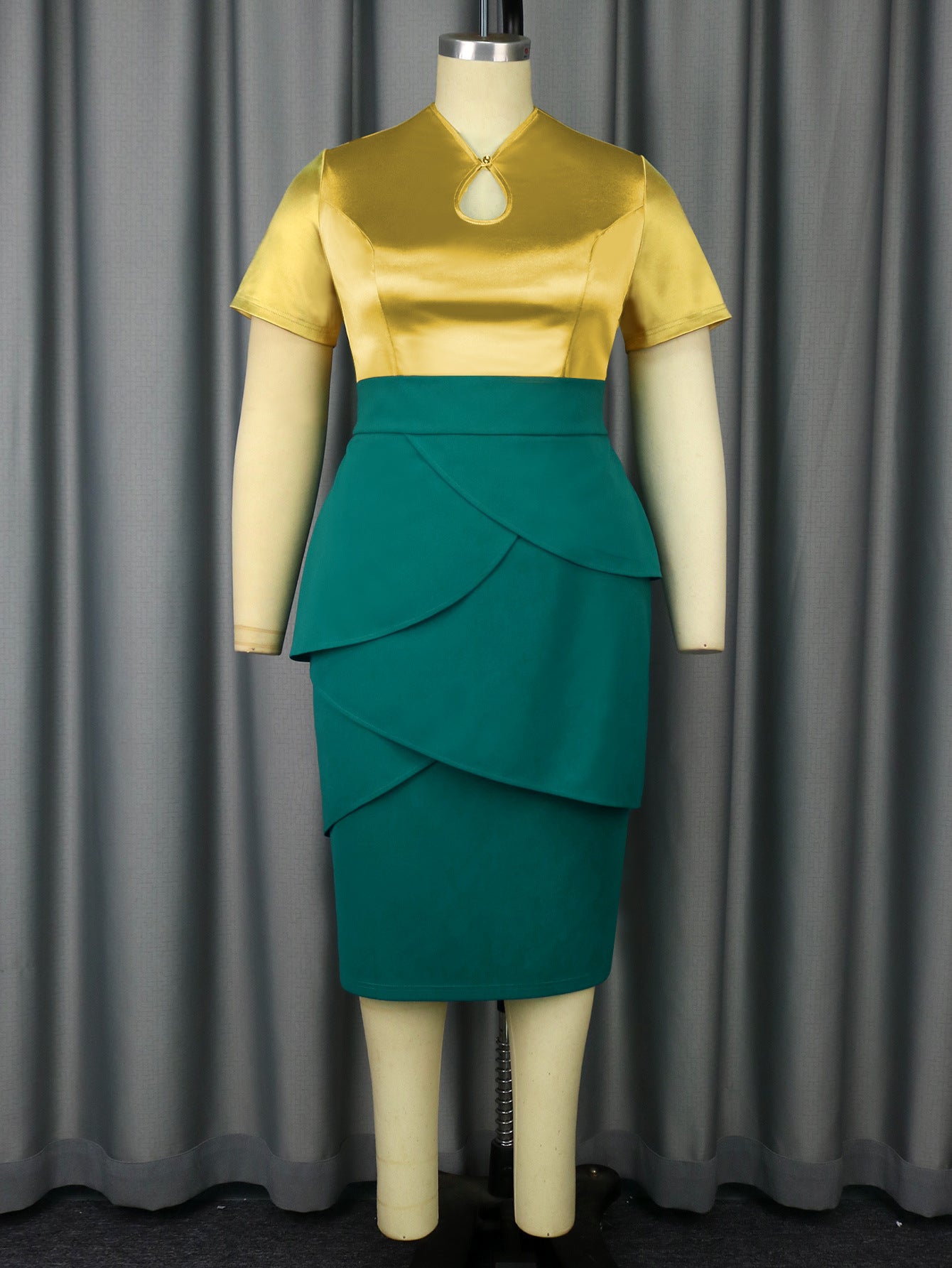 Plus Size Contrast Color Slim Fit Satin Top Layered Skirt Elegant Chic Women's Two Piece Set 5